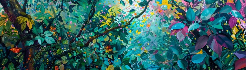Enchanted forest-themed mural with a vibrant array of colors and plants
