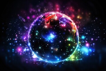 digital world, hologram and glow around the surface of planet Earth in space, futuristic computer technology, the concept of globalization and artificial intelligence