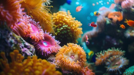 Fototapeta na wymiar Colorful sea anemones and tropical fish in an aquarium