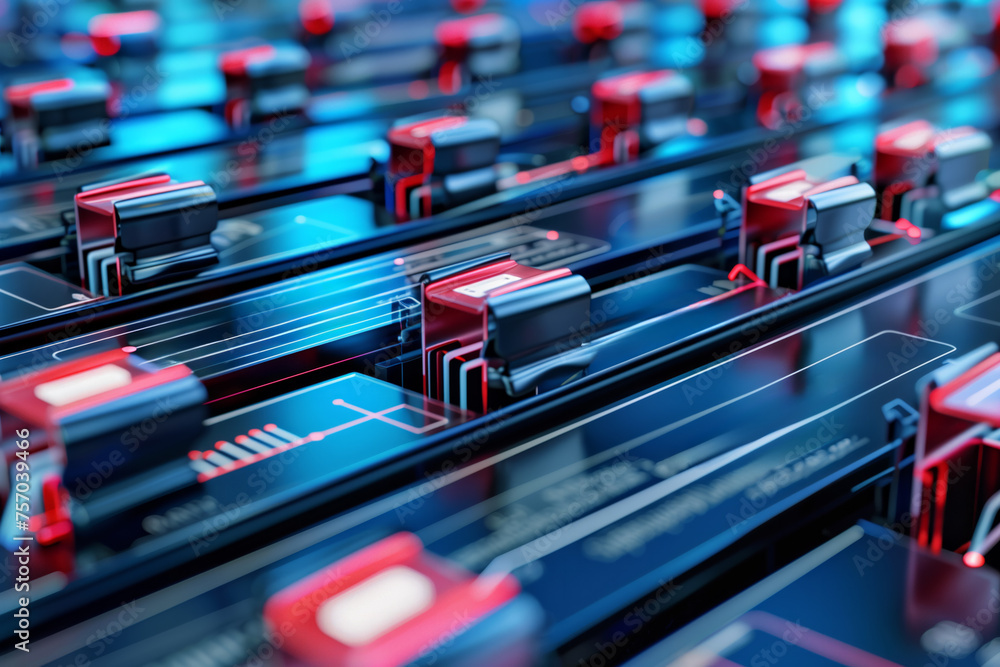 Poster high-resolution 3d illustration of futuristic circuit board with glowing red and blue neon lights, r