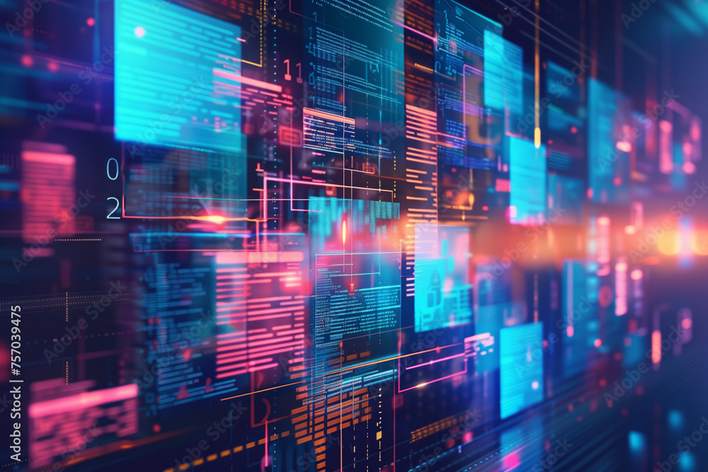 Poster futuristic digital data servers with vibrant lens flare, depicting modern cybersecurity and informat