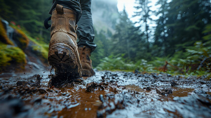 A person hiking through a muddy forest trail