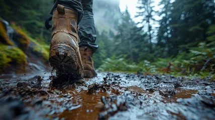 Fototapeten A person hiking through a muddy forest trail © SashaMagic