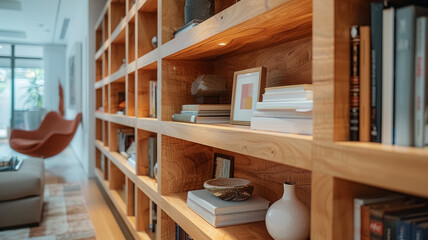 Wooden bookshelf in a modern home interior