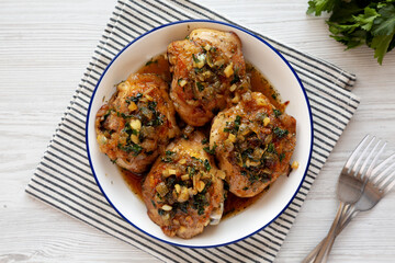 Homemade Garlic Brown Sugar Chicken in a Pan, top view. Overhead, from above, flat lay.