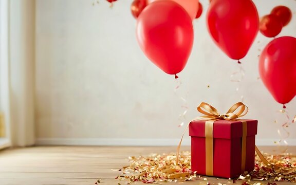 Gift boxes with red balloons and confetti. Holiday background with gift box, lights and confetti. Red party. light pastel soft beage and gold confetti party favors. 