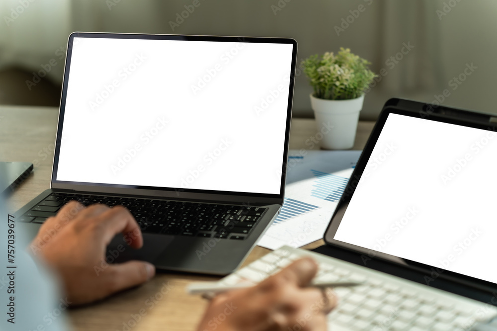 Poster mock up using laptop with blank screen computer modern