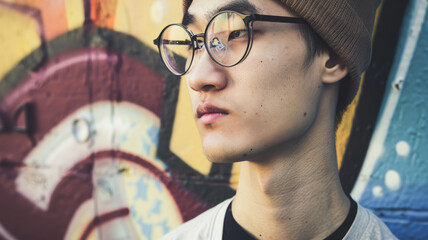 Young Asian man with glasses by graffiti wall.