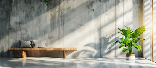 modern living room design with cement concrete exposed, wooden furniture and white sofa concept 