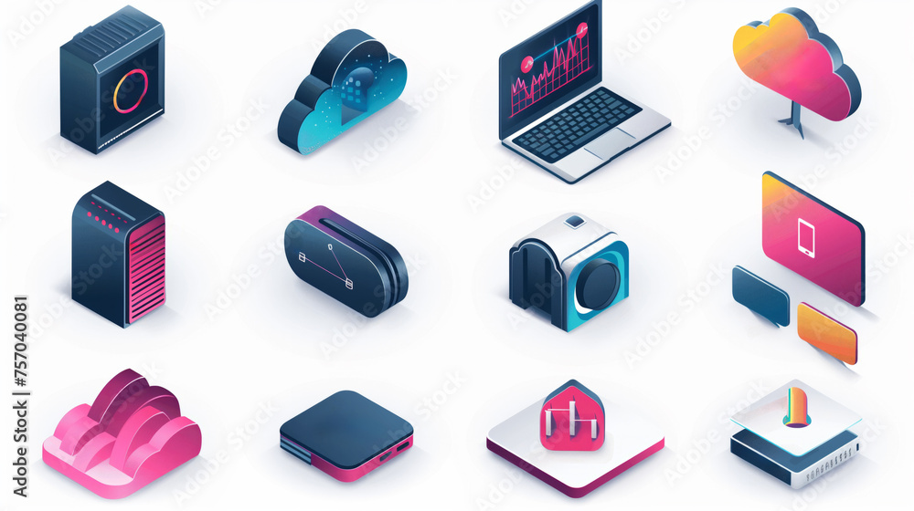 Poster modern isometric digital technology icons set on a light background, including computing devices and