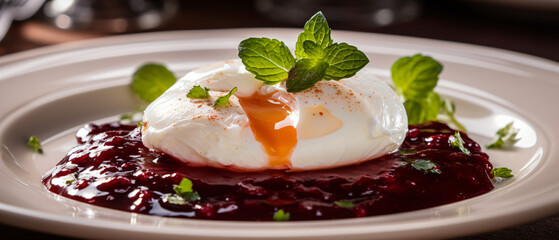 Eggs meurette or poached eggs with red wine sauce close up