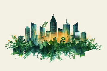 Abstract watercolor cityscape with green foliage, suitable as an eco-friendly concept background with space for text