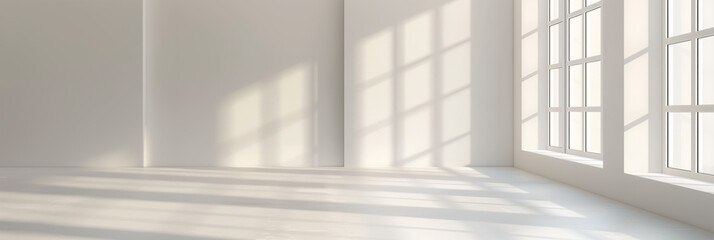 Minimalistic white room with large windows casting soft shadows, ideal for a clean background with space for text