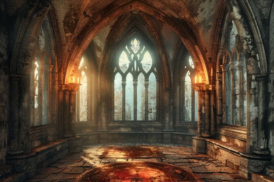 Mystical gothic castle interior with stained glass window and candlelight, perfect for historical fantasy background or game asset