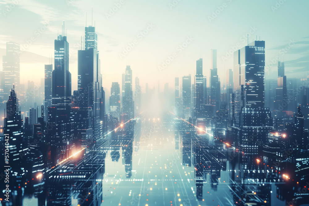 Poster futuristic cityscape background with a glowing sunrise, featuring illuminated skyscrapers and digita