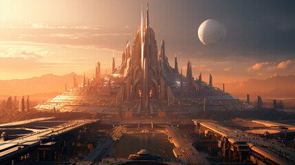 An ancient ruin in a futuristic city with remnants 