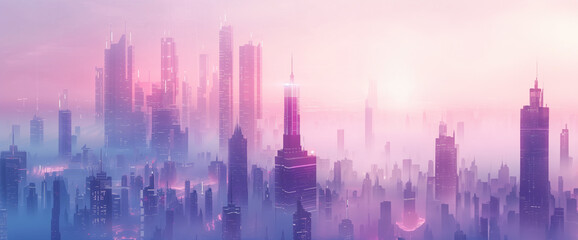 Fototapeta na wymiar Futuristic cityscape with neon-lit skyscrapers in a soft pink haze, ideal for technology and sci-fi concepts, with ample copy space for text