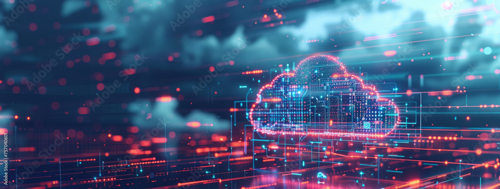 Poster futuristic digital cloud and data network background in red and blue neon, symbolizing advanced clou