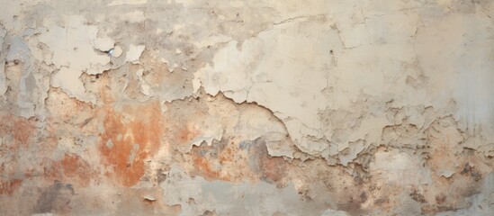 A closeup shot of a cracked wall with peeling paint, revealing layers of beige and brown building material, resembling abstract art - Powered by Adobe