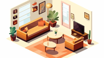Cybonixxa isometric interior design of living room. Flat vector