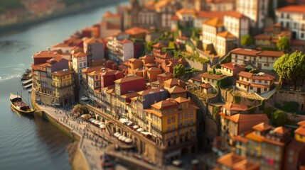 Naklejka premium Tilt-shift photography of the Porto. Top view of the city in postcard style. Miniature houses, streets and buildings