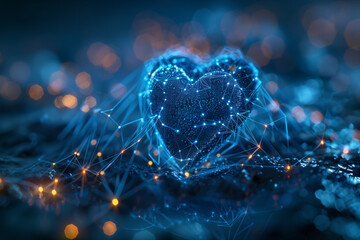 Digital heart concept with network connections on a blue bokeh background, suitable for technology, love, or Valentine's Day themes with copy space