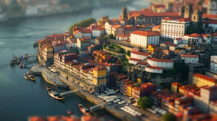 Tilt-shift photography of the Porto. Top view of the city in postcard style. Miniature houses, streets and buildings - obrazy, fototapety, plakaty