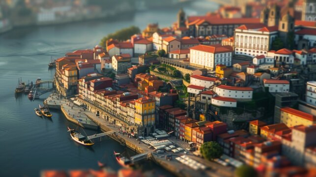 Fototapeta Tilt-shift photography of the Porto. Top view of the city in postcard style. Miniature houses, streets and buildings