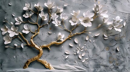 An Art Nouveau-style artistic image depicts a bas relief of a magnolia tree with a golden trunk and white blossoms. - obrazy, fototapety, plakaty