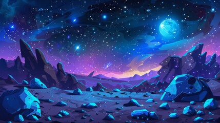 Obraz na płótnie Canvas Starry night background on an alien planet with rocky terrain, liquid substance in craters, neon blue moon, and a rocky landscape with stones at night. Modern cartoon illustration of rocky terrain