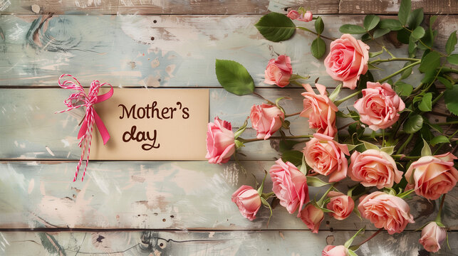 Mother's day" card with roses on wood background