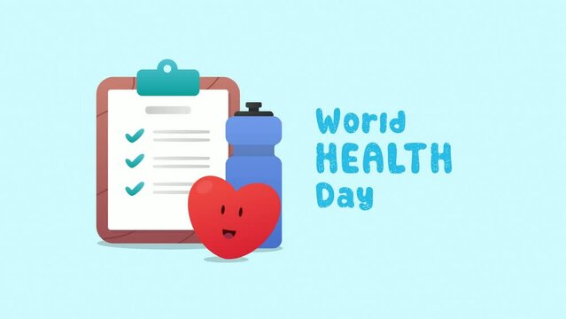 world health day with cute checklist dring and heartbeat object animation, world health day greeting with cute objects