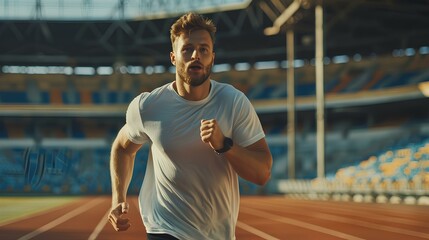 Fototapeta premium Young athletic man with good looks and light smile jogging in the stadium. generative AI