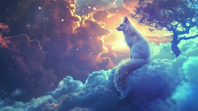 Cloud-Cradled Guardian: A majestic white wolf  perched atop a fluffy fantasy cloud, Seamless looping 4k time-lapse virtual video animation background. Generated AI