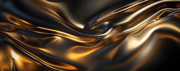 3D abstract wallpaper. Liquid smooth metal texture. Three-dimensional dark gold and black background. Metal foil