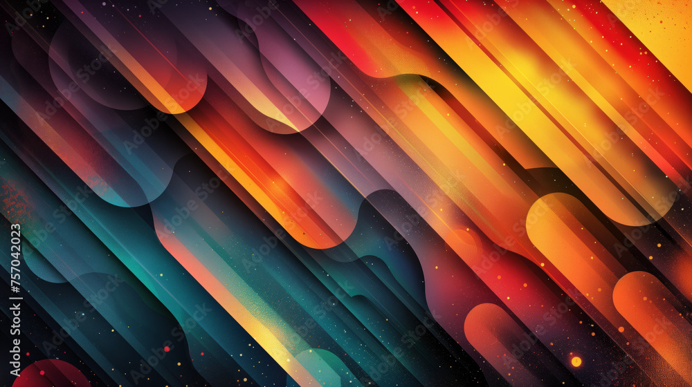 Poster vibrant abstract wavy background with a gradient of red, orange, and blue hues, adorned with sparkle