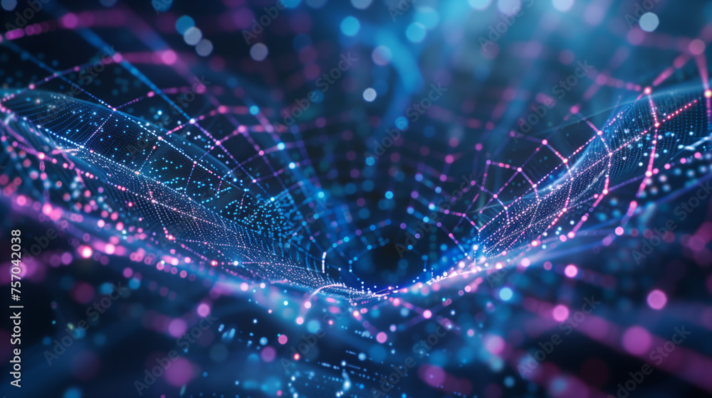 Poster abstract digital network background with glowing blue and pink dots and dynamic lines, representing 