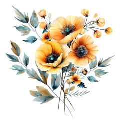 Watercolor illustration Painted composition of flowers isolated on Transparent Background. Ai Generated	