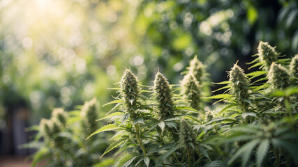 Cannabis plants, blurred bokeh green background.