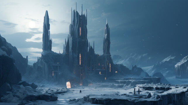 An ancient ruin in a futuristic city with remnants