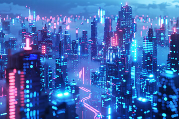 Futuristic cityscape with glowing neon lights and skyscrapers, concept of cyberpunk and technology, with copyspace for text, suitable for backgrounds