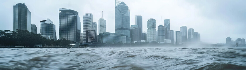 Flooded cityscape with turbulent water