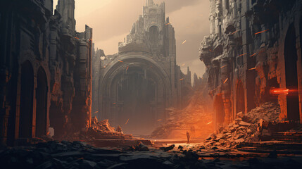 An ancient ruin in a futuristic city with remnants of
