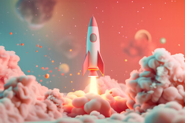 3D illustration of a stylized rocket launching amidst colorful clouds, suitable for innovation, startup, and space exploration concepts with copy space for text