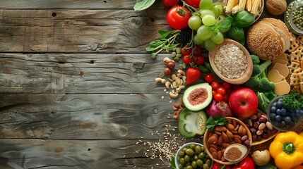 On a rustic wooden table, an assortment of vibrant health foods is artfully arranged.  