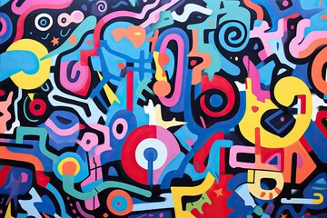A colorful abstract painting with many shapes and lines
