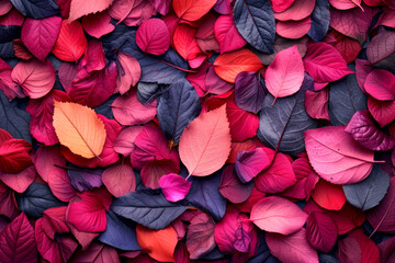 A vibrant display of autumn leaves in various shades of red, pink, and purple, densely packed in a...