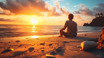 A man sits on the beach, looking out at the ocean as the sun sets - obrazy, fototapety, plakaty
