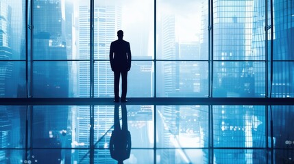 Fototapeta premium A man stands in front of a window looking out at the city