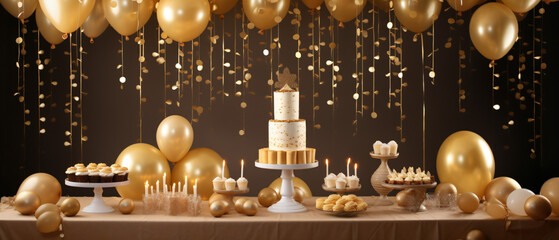 Elements for birthday party and cake gold colors celebration